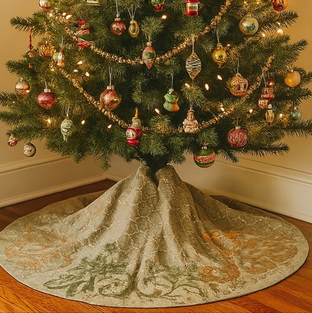 Anthropologie Linen Blend Sequin 60" Round Boho Christmas Tree Skirt Khaki Green